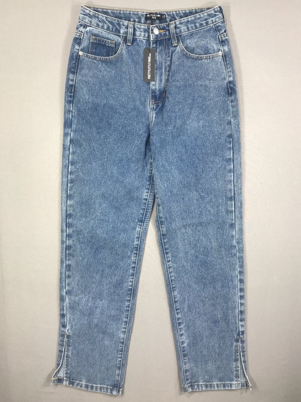 Pretty Little Thing Jeans Womens 6 Petite Blue Denim Pants Tapered Split Hem NWT